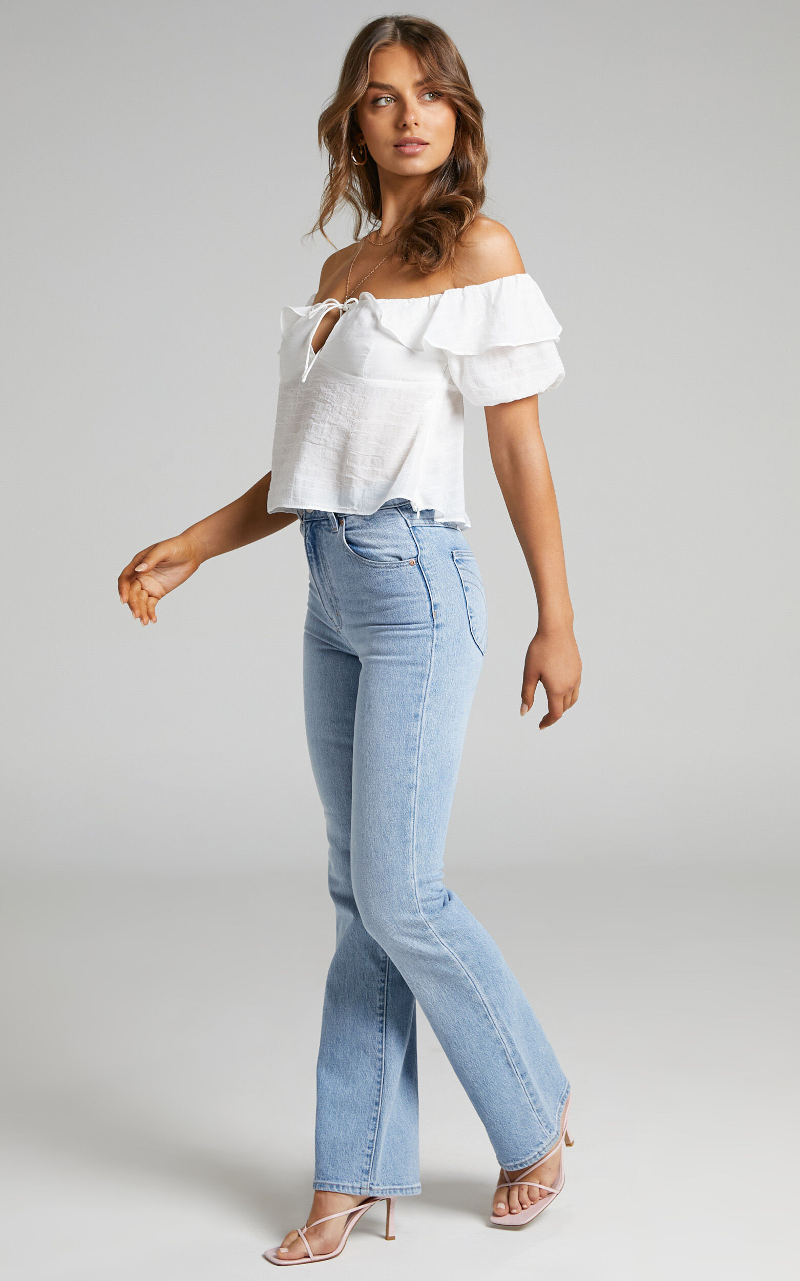 Canthe Frill Detail Puff Sleeve Off Shoulder Top in White