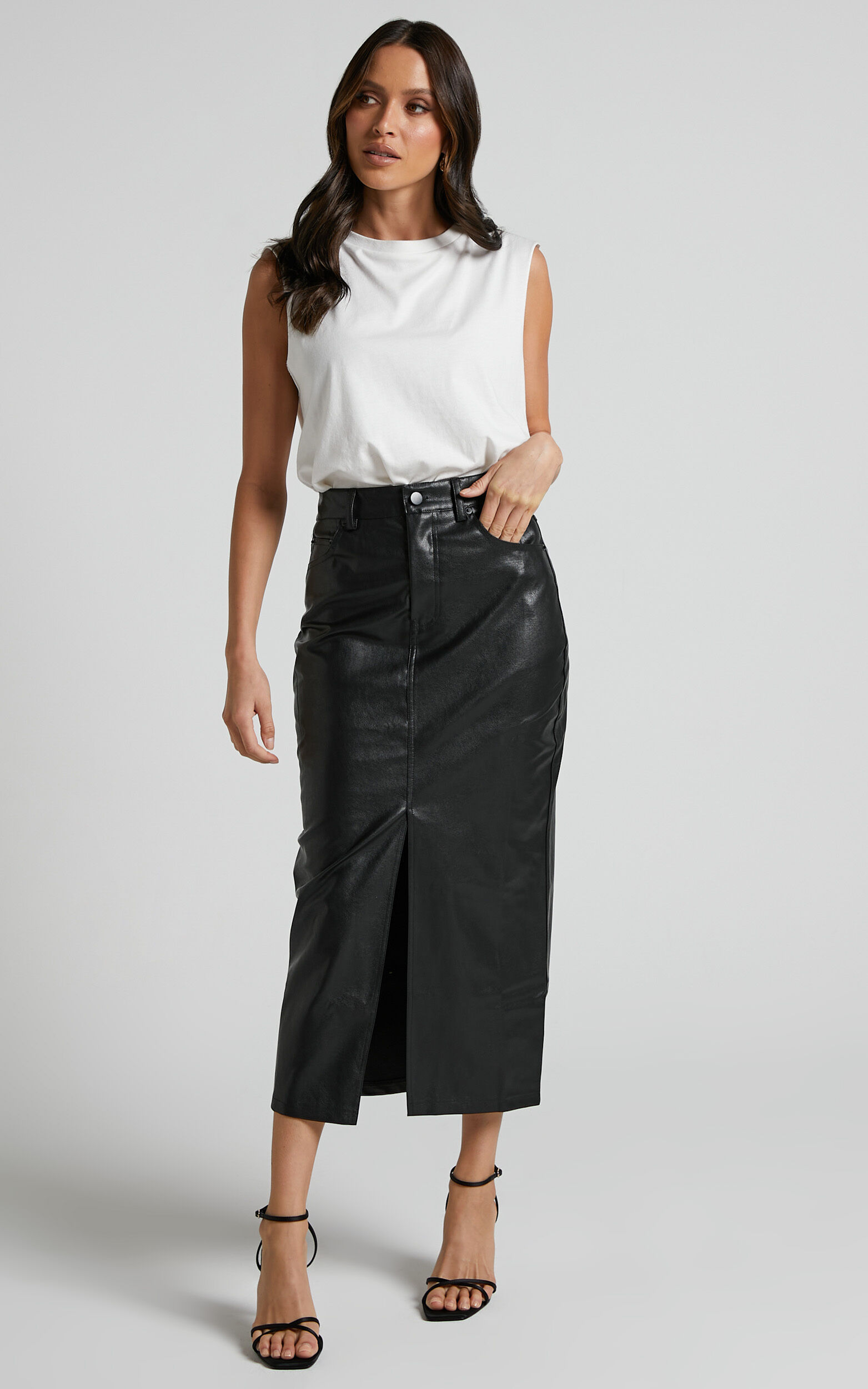 High waisted midi skirt on sale leather