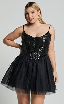 Violette Mini Dress - Sequin Corset Tulle Skirt Dress in Black