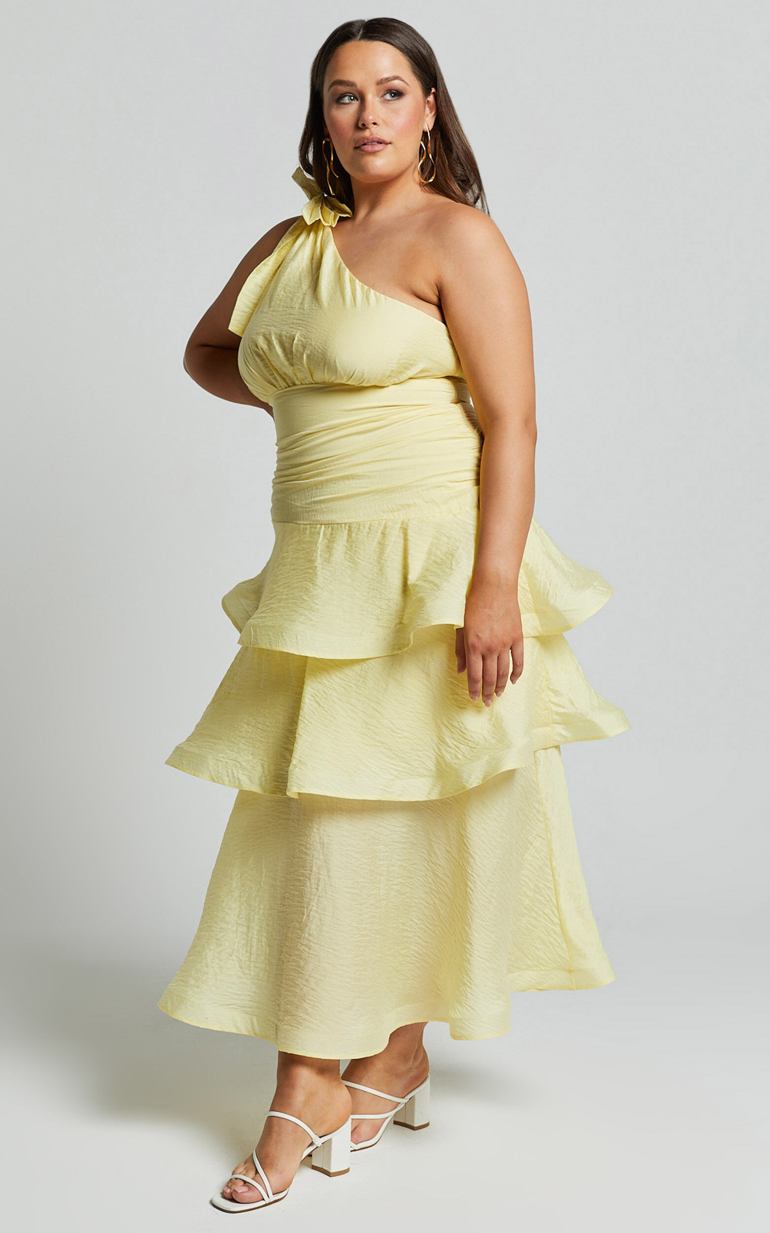 Eugenia Midi Dress One Shoulder Fit and Flare Layered Dress in Yellow Showpo NZ