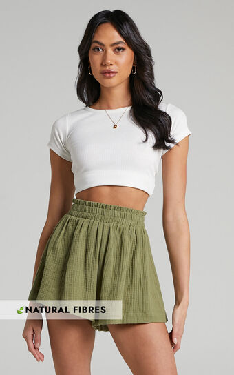 Joyce Muslin Shorts - Elasticated High Waisted Soft Shorts in Khaki