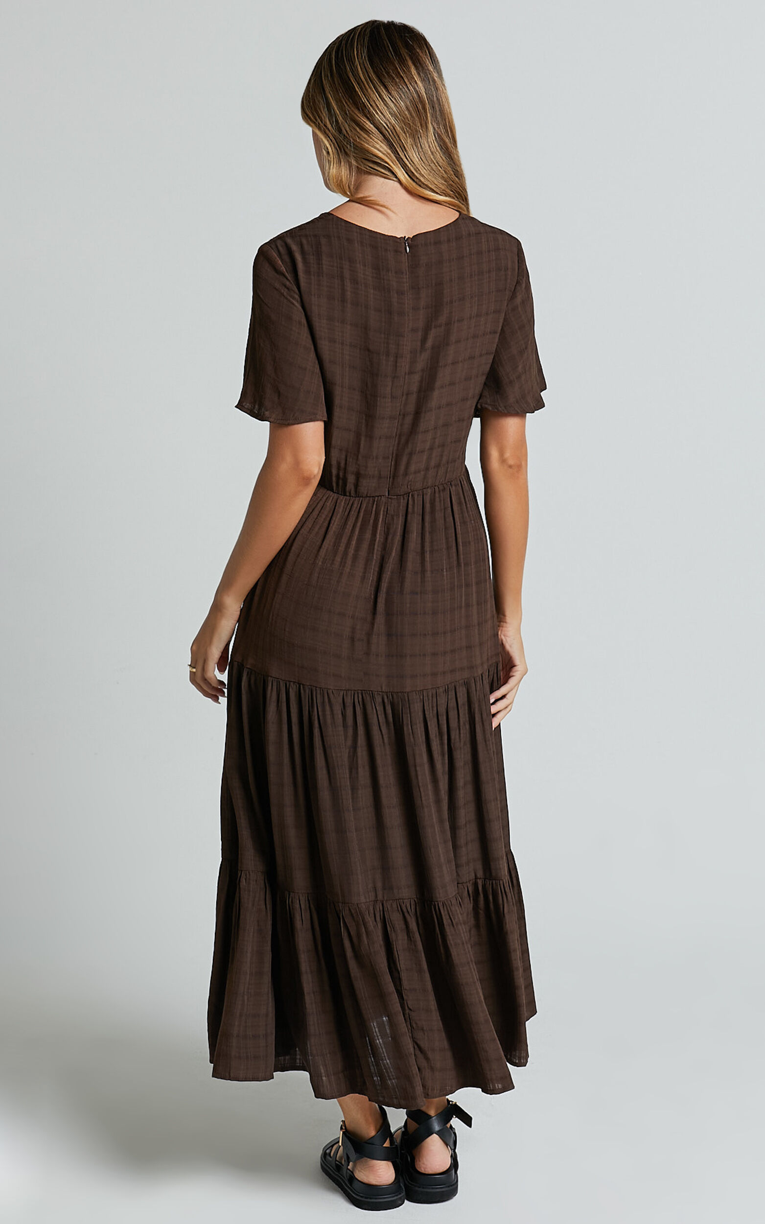 Cryzel Midi Dress - Flutter Sleeve Tiered Dress in Chocolate | Showpo USA