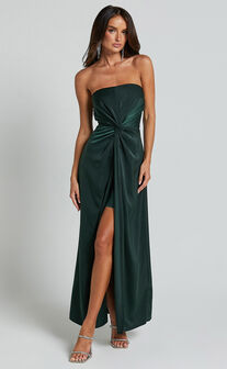 Hathaway Maxi Dress - Strapless Straight Neck Twist Front Split in Emerald