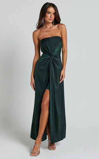 Hathaway Maxi Dress - Strapless Straight Neck Twist Front Split in Emerald