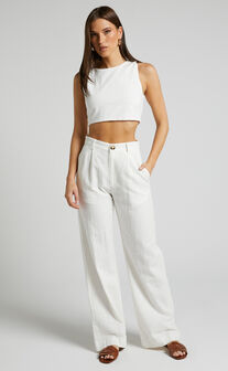 Larissa Trousers - Linen Look Mid Waisted Relaxed Straight Leg Trousers in White