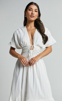 Colette Midi Dress - Short Sleeve Plunge Neck Tie A Line Dress in White
