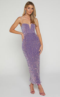 Rayner Midi Dress - V Bar Sequin Bodycon Dress in Lilac