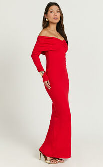 Rani Maxi Dress - Off Shoulder Long Sleeve Bodycon Dress in Red