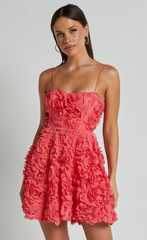 Alvia Mini Dress - 3d Flower Full Skirt Dress in Hot Pink