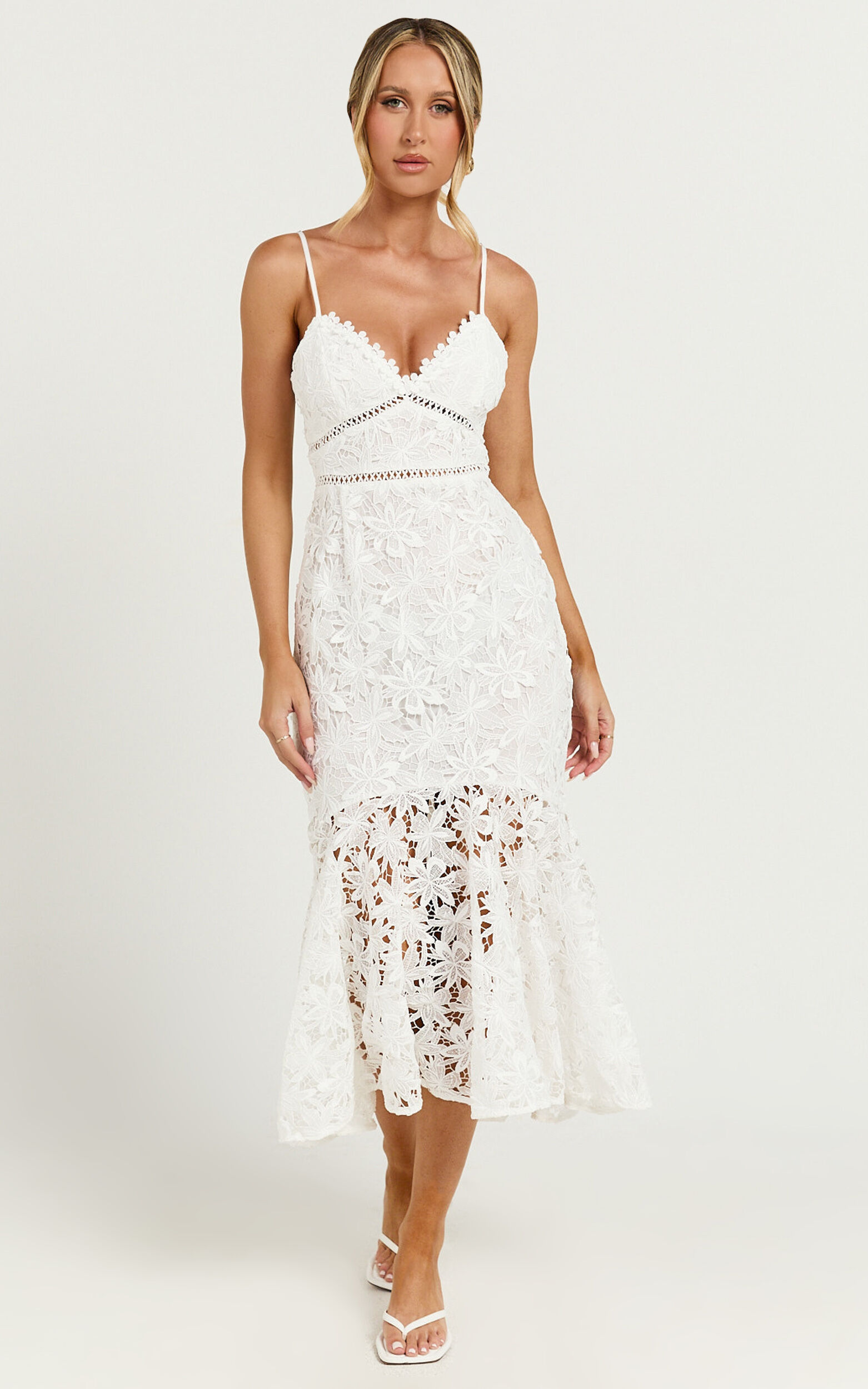 Aracely Midi Dress Strappy Sweetheart Lace Mermaid Dress in White