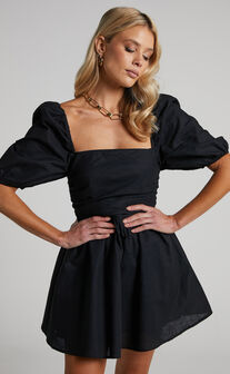 Claudina Mini Dress - Linen Look Puff Sleeve Ruched Bodice Dress in Black