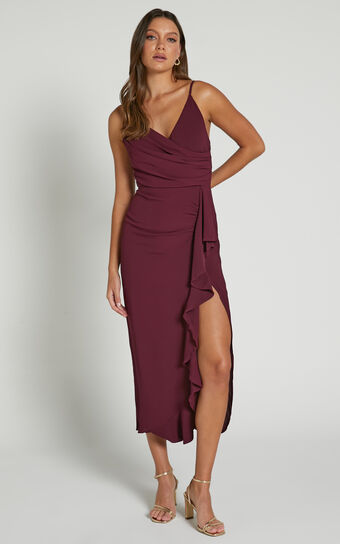 Aylene Midi Dress - Draped Ruffle Split Dress in Merlot