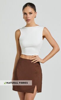 Mindy Mini Skirt - Linen Look A Line Side Split Skirt in Brown