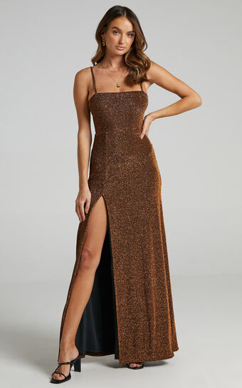 Rheannon Midi Dress - Split Mesh Dress in Copper Lurex