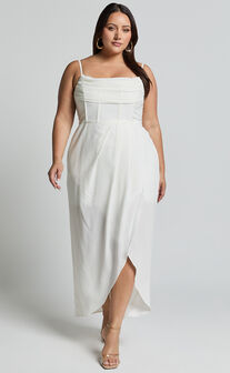 Andrina Midi Dress - High Low Wrap Corset Dress in White