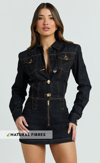 Fabia Mini Dress - Denim Hardware Button Front Fitted Shirt Dress in Dark Wash