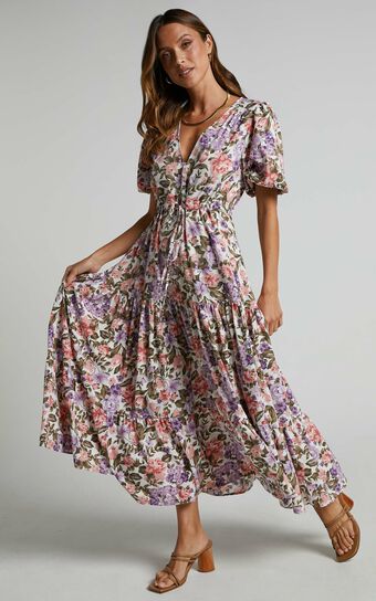 Annika Midi Dress - Button Front V-Neck Short Sleeve Dress in Pink and Purple Floral