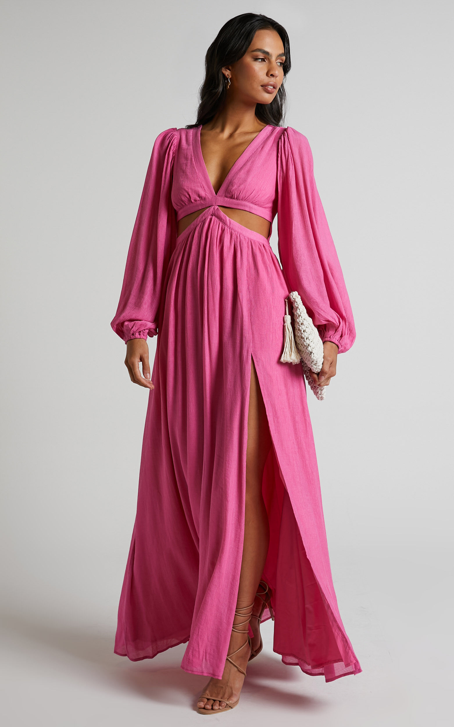 Paige Maxi Dress - Side Cut Out Balloon Sleeve Dress in Pink | Showpo USA