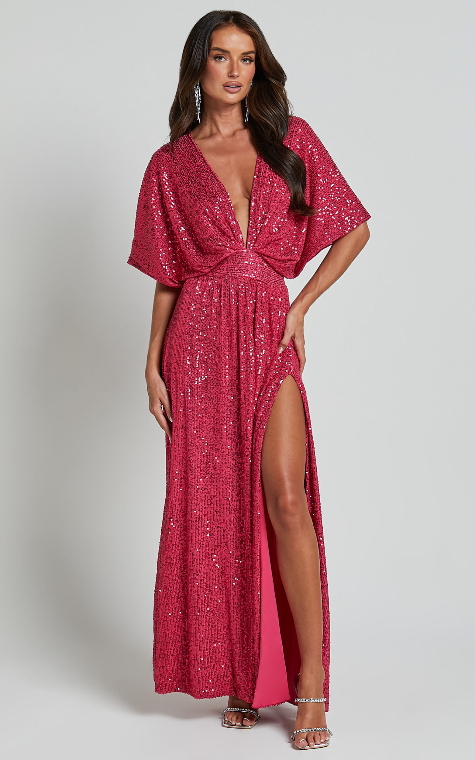 Miyah Maxi Dress Sequin Plunge Short Sleeve Dress in Pink Showpo