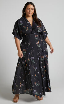 Erenza Maxi Dress - Extended Sleeve Wrap Dress in Black Flower Field