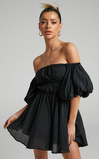 Jessra Mini Dress - Off Shoulder Puff Sleeve Dress in Black