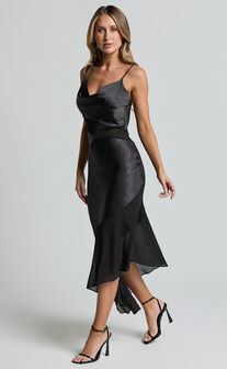 Sansa Midi Dress - Satin Cowl Neck Contrast Hem Asymmetrical Dress in Black