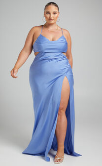 Sophie Midi Dress - Cowl Neck Cross Back Dress in Blue