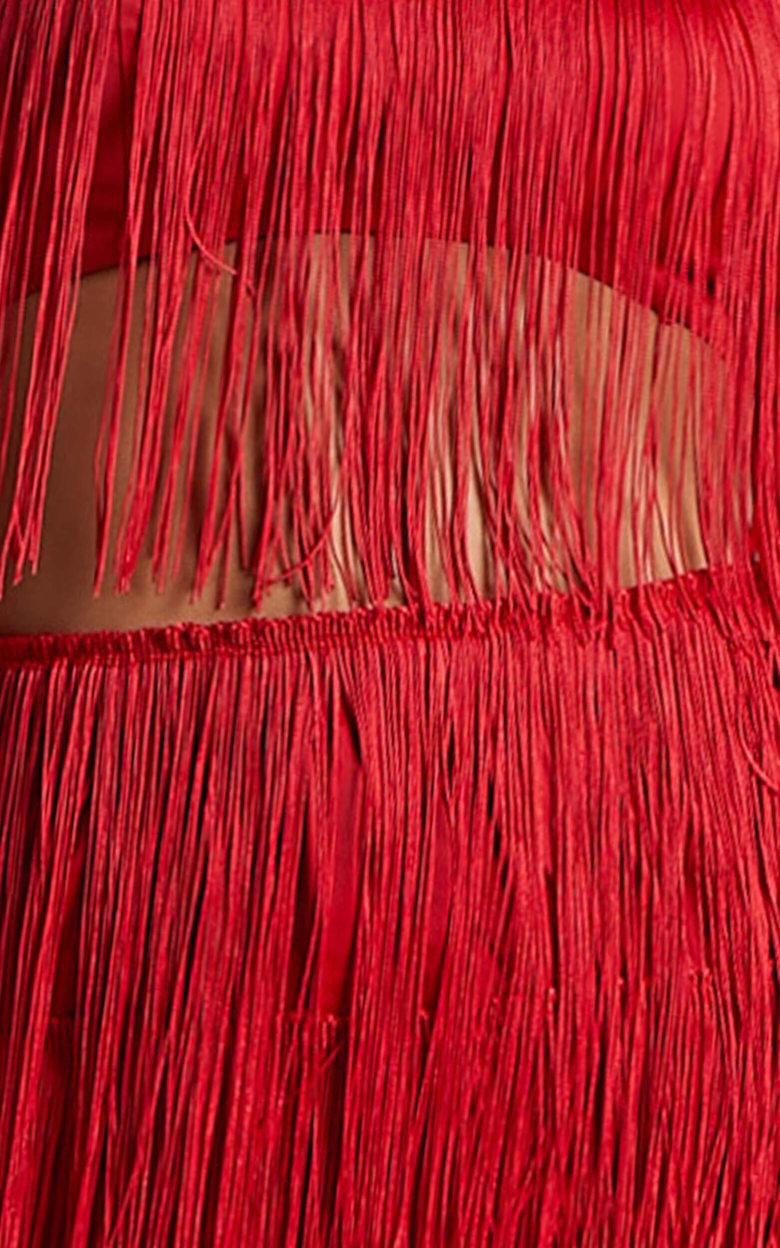 Red fringe sale skirt set
