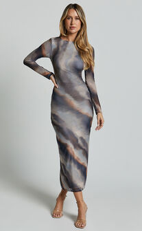 Zyra Midi Dress - High Neck Long Sleeve Mesh Dress in Tie Dye Print