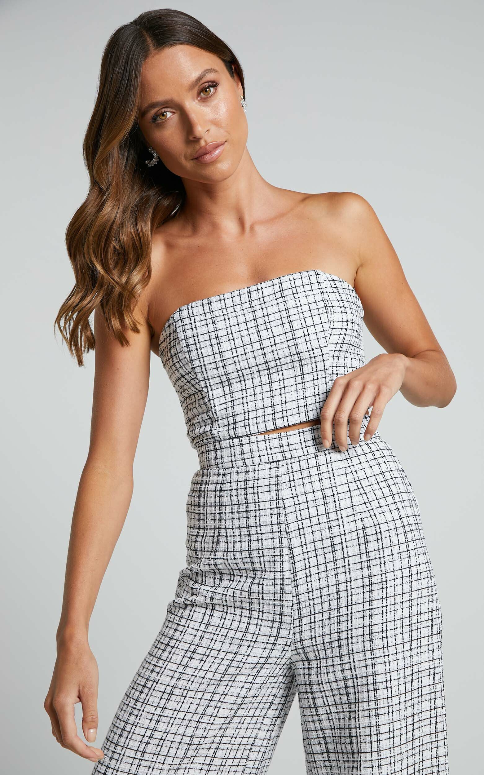 Icie Top Tweed Strapless Crop Top in White Black