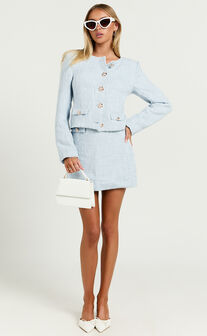 Olympia Mini Skirt - High Waisted A Line Boucle Skirt in Pale Blue
