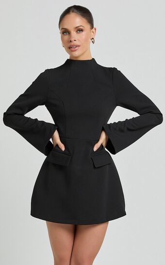 Carlson Mini Dress - High Neck Sleeve Cocoon Skirt Dress in Black