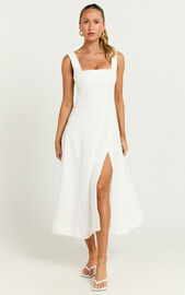 Walters Midi Dress - Square Neck Shirred Back Fit and Flare Panel Dress in White | Showpo