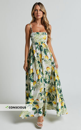 Cardi Maxi Dress - Strappy Straight Neck A Line Dress in Yellow 