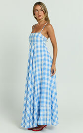 Katrien Maxi Dress - Strappy Empire Waist Flare Dress in Blue Check ...