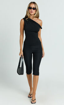 Jialeen Top - Off Shoulder Twist Asymmetrical Sleeve Top in Black