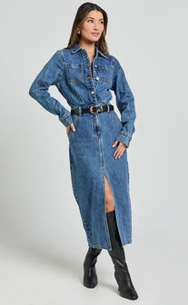 Alison Midi Dress - Long Sleeve Front Split Denim Dress in Mid Blue Wash