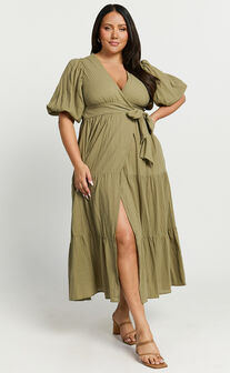 Penelope Wrap Front Puff Sleeve Midi Dress in Olive