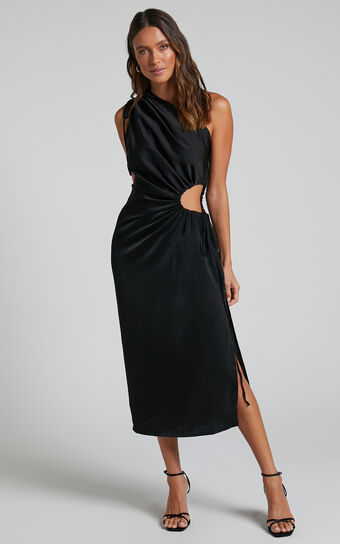 Kaipo Midi Dress - One Shoulder Tie Up Side Cut Out Dress in Black