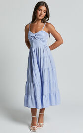 Leticia Midi Dress - Twist Front Tie Strap Tiered Dress in Pale Blue ...