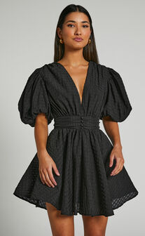 Xandy Mini Dress - Textured Puff Sleeve Plunge Dress in Black