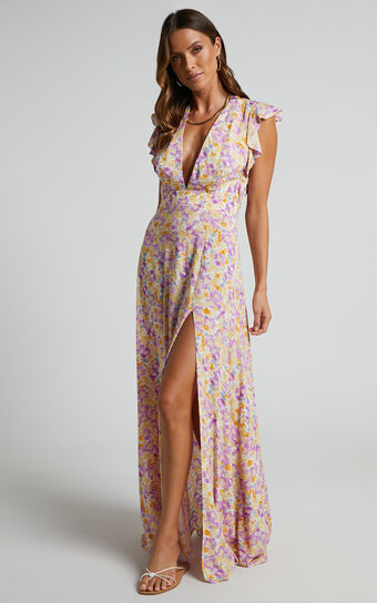 Dyliah Midi Dress - Thigh Split Frill Shoulder Plunge Neck Dress in Multi Floral