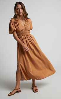 Lorella Midi Dress - Puff Sleeve Plunge Neck Dress in Butterscotch