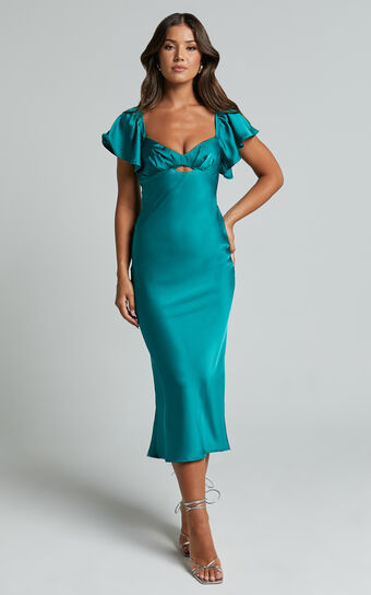 Emberlynn Midi Dress - Flutter Sleeve Cut Out Satin Dress in Teal