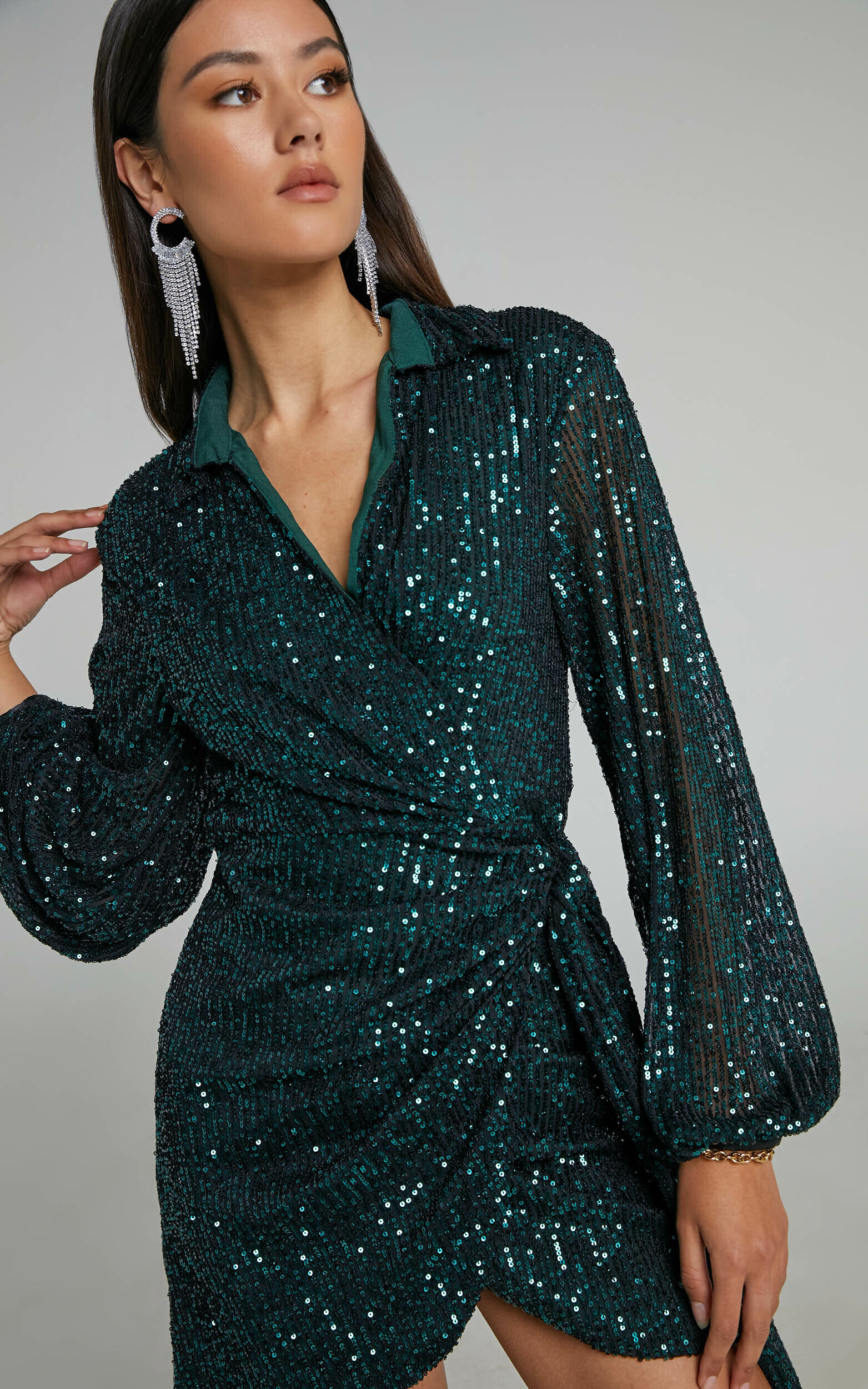Ryrah Mini Dress Sequin Long Sleeve Wrap Dress in Emerald