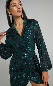 Ryrah Mini Dress - Sequin Long Sleeve Wrap Dress in Emerald