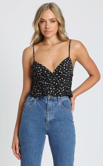 Places To Go Top in Black Floral