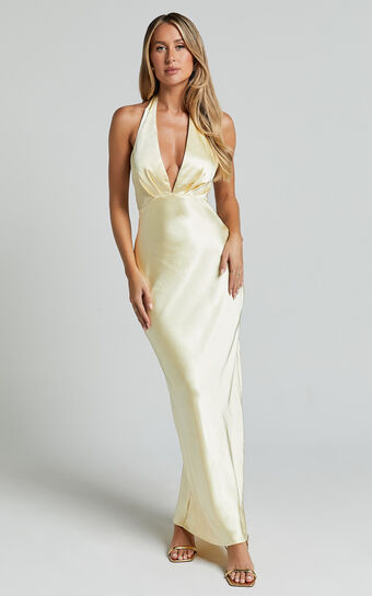 Prima Maxi Dress - Plunge Satin Dress in Butter Yellow