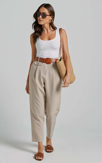 Suri Cropped Pant - High Waisted Tapered Tailored Pant With Pocket Detail in Sand