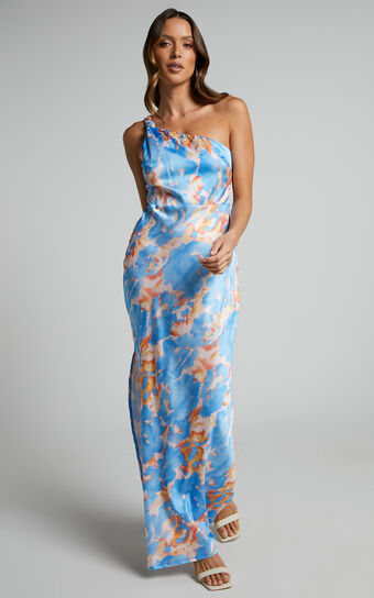 Jacintha Midi Dress - One Shoulder Dress in Blue Floral
